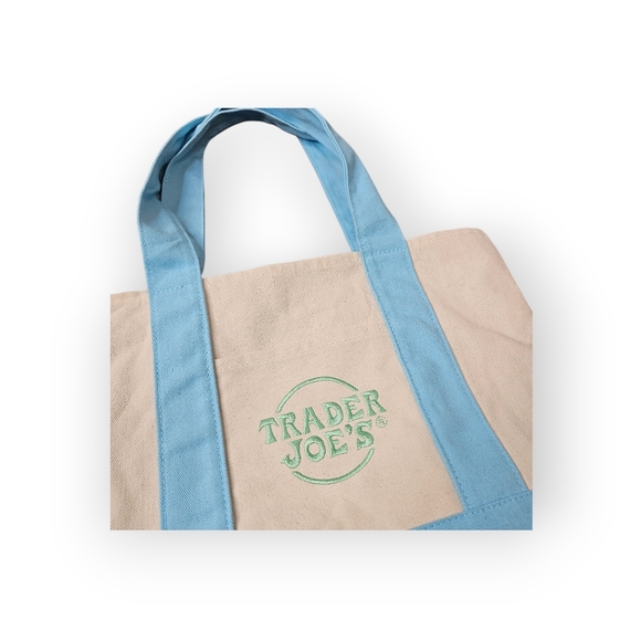 Trader Joe’s Canvas Tote Bag Blue Cream Grocery Shopping Tote - Picture 3 of 5